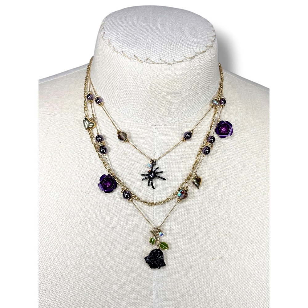 Betsey Johnson Gold Tone Purple Rose Spider Necklace Whimsigoth Halloween NEW